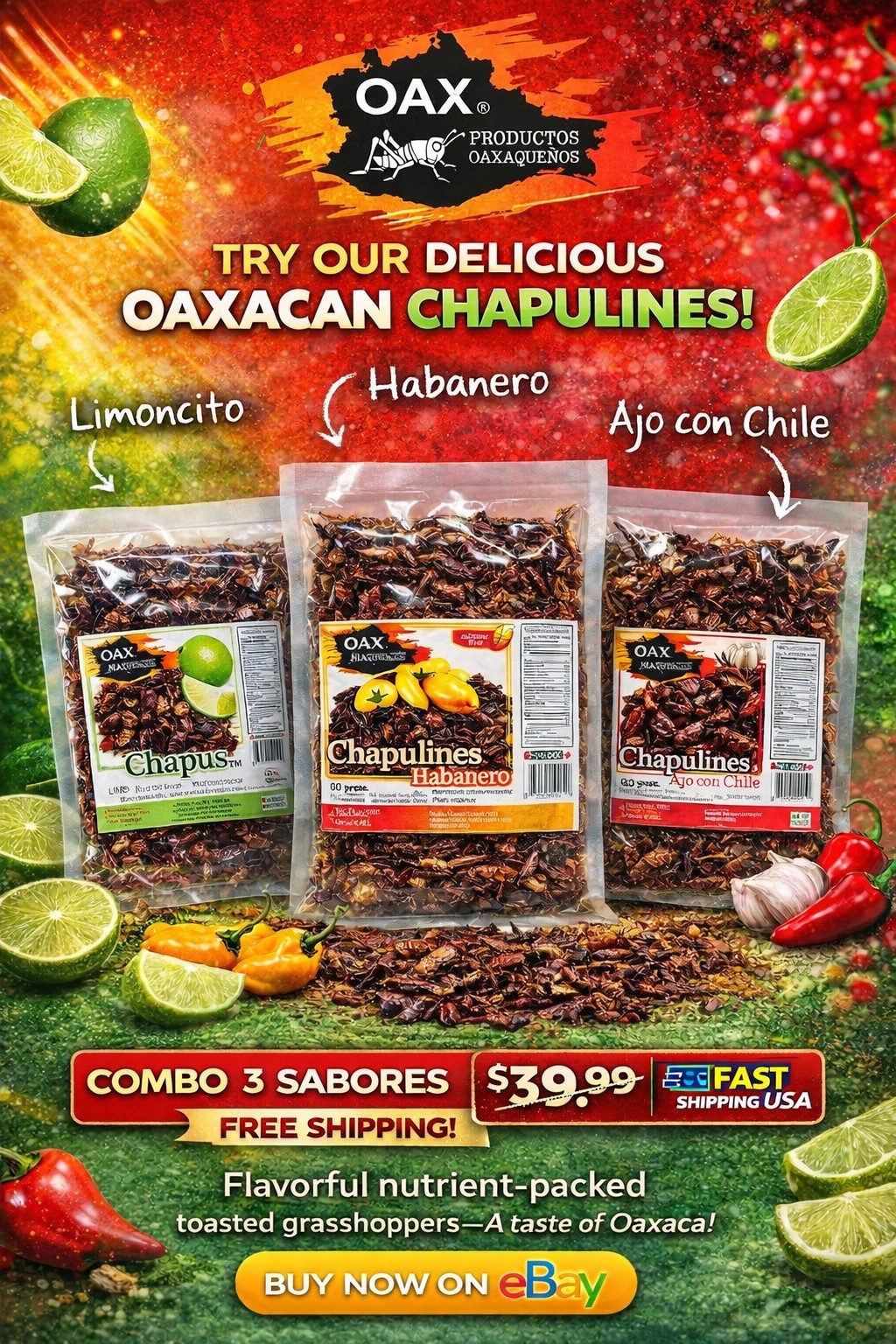 TRIO 90 GR FRESH CHAPULINES • CON LIMONCITO •HABANERO • AJO CON CHILE