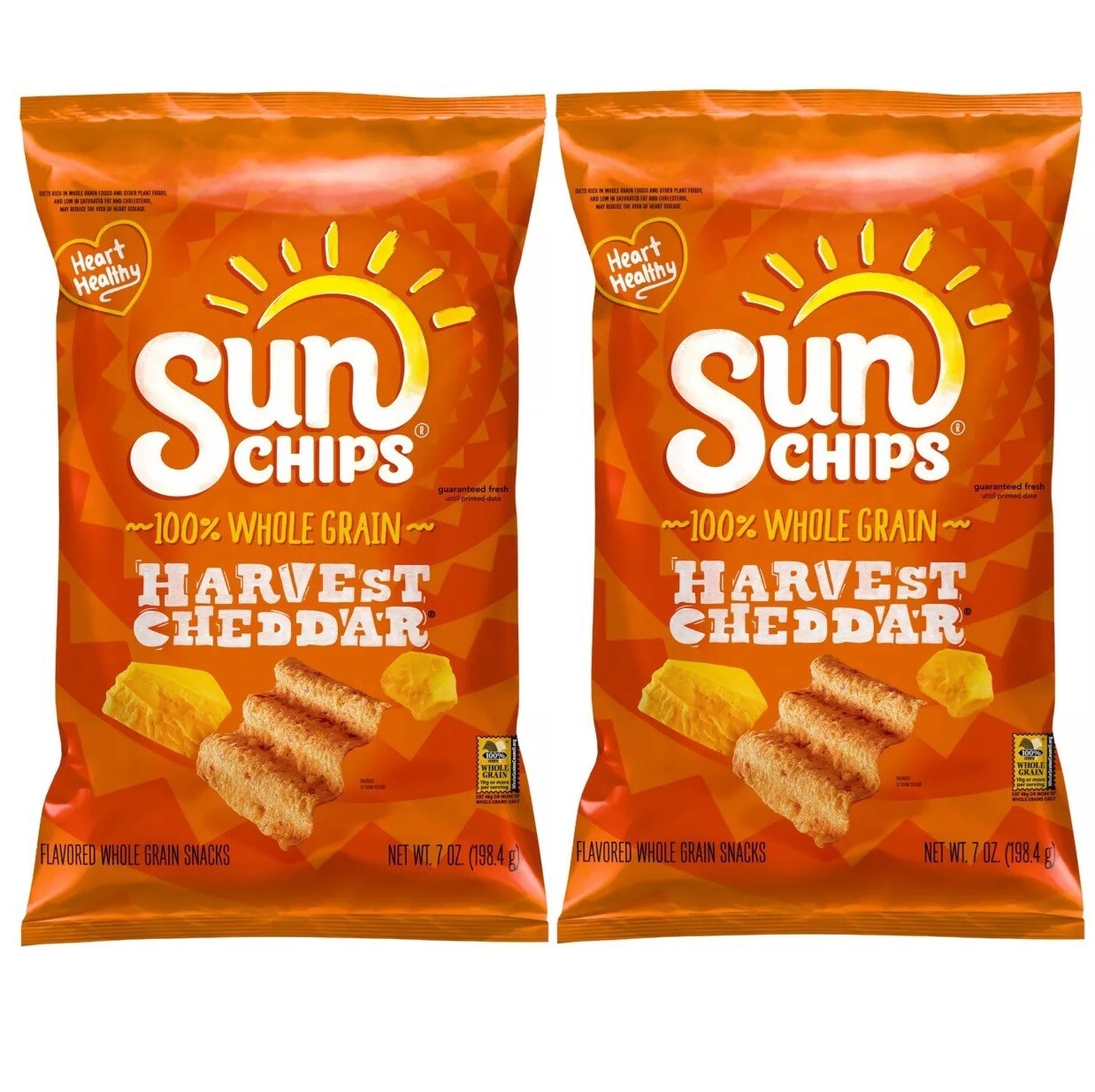 SunChips HARVEST CHEDDAR 100% Whole Grain Snacks, 2 Bags 7Oz Air Fried Sun Chips