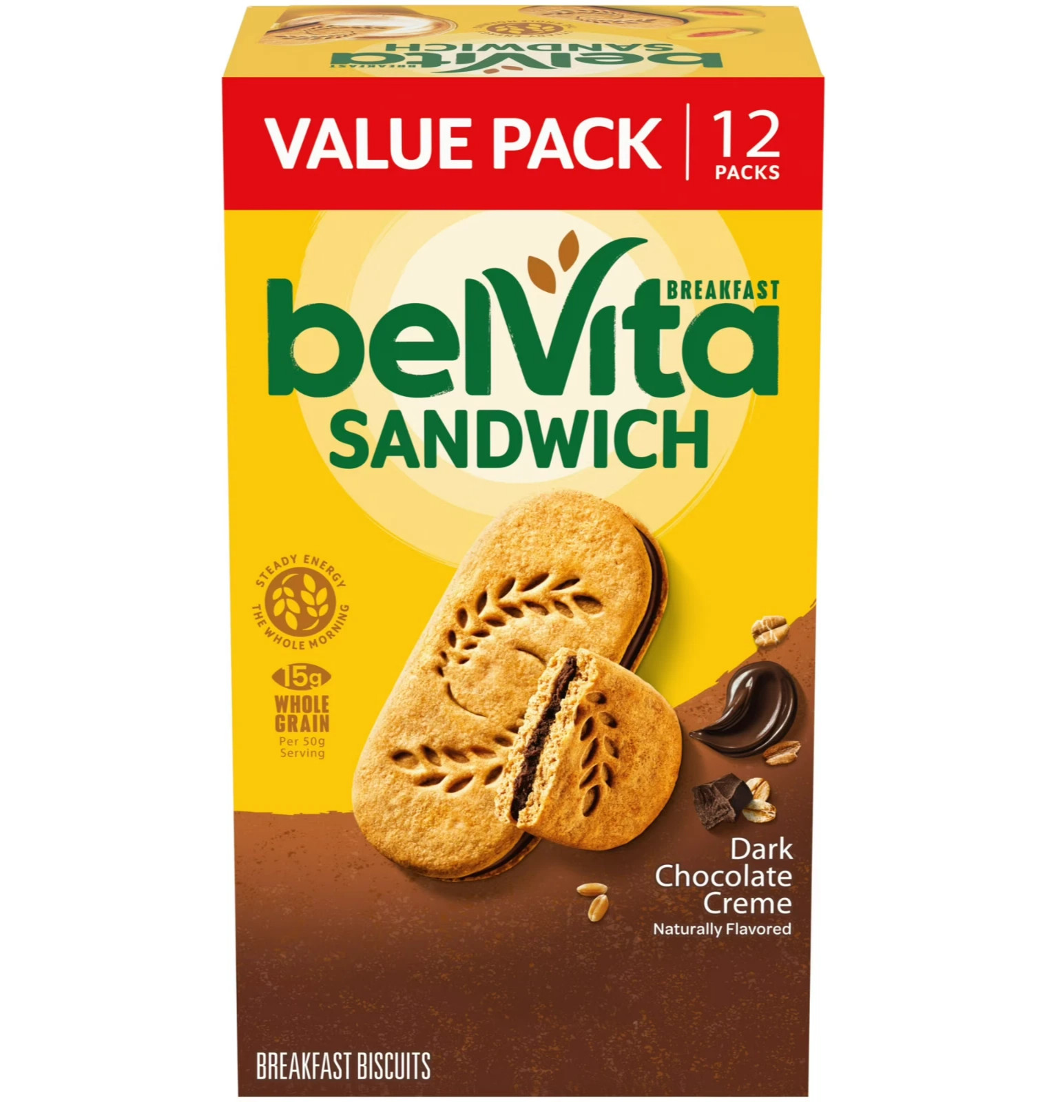 belVita Breakfast Bar Biscuit Sandwiches, Dark Chocolate Creme – Value Pack, 12