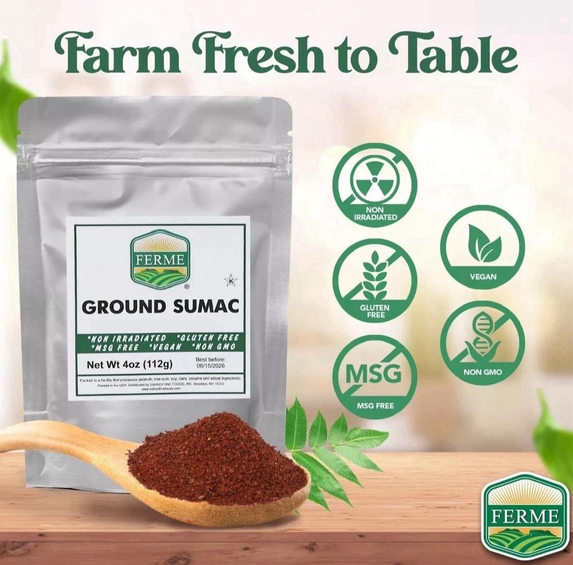 Pure 100% Ground Sumac Spice, No Salt, No GMO, Sumac Seasoning 4 Ounce