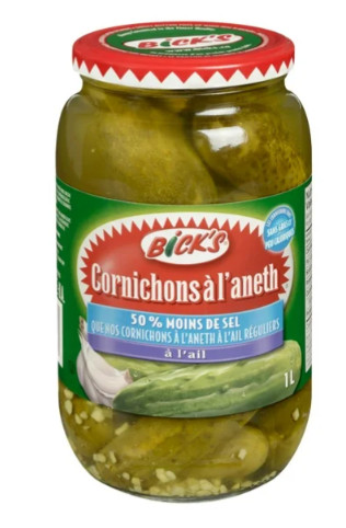 Bick’s 50% Less Salt Garlic Whole Dill Pickles, 1L