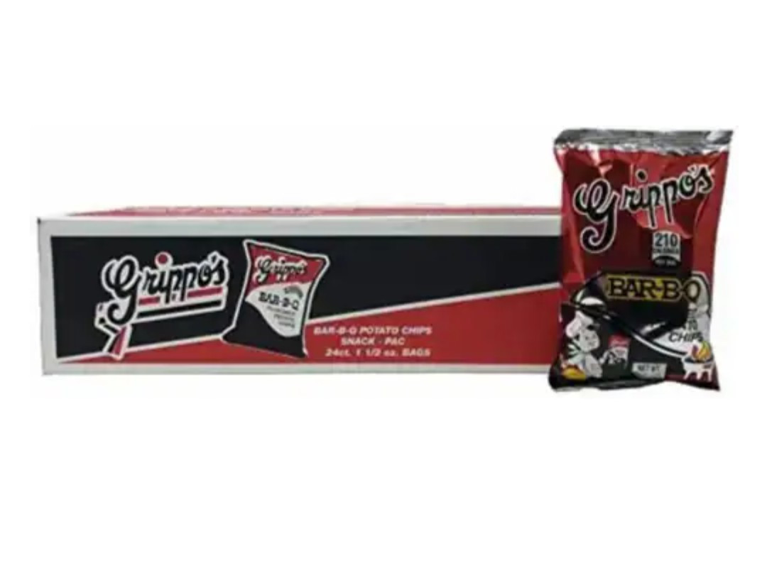 Box Of Grippo’s BBQ Potato Chips 1.5 Oz Bags 24 Count. New. Never Opened.