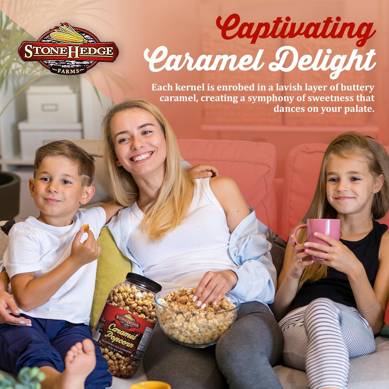 Stonehedge Farms Caramel Flavored Popcorn 32 oz Large Tub for Holidays Christmas