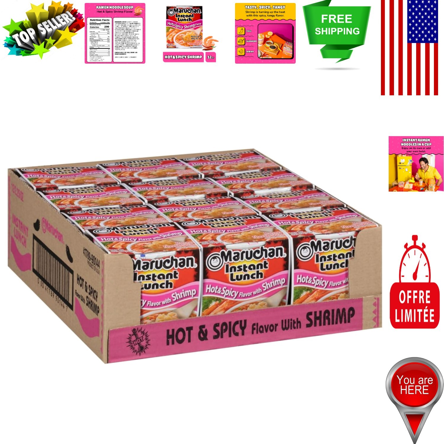 Tasty Hot & Spicy Shrimp Instant Noodle Cups – Perfect for Quick Meals, 12 Count