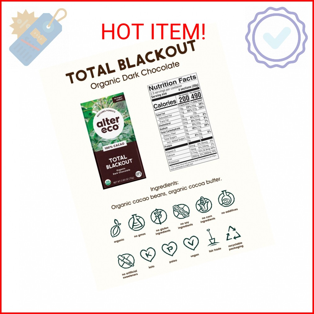 Alter Eco | Dark Chocolate Bars | Pure Dark Cocoa, Fair Trade, Organic, Non-GMO,