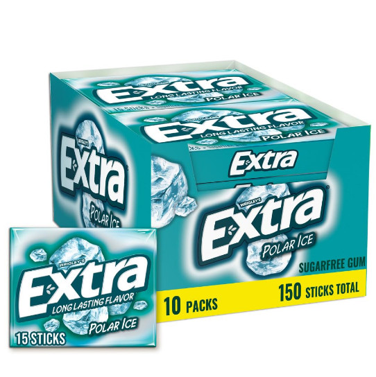 EXTRA Gum Polar Ice Sugarfree Mint Chewing Gum Bulk Pack 15 Count 10 Pack Food B