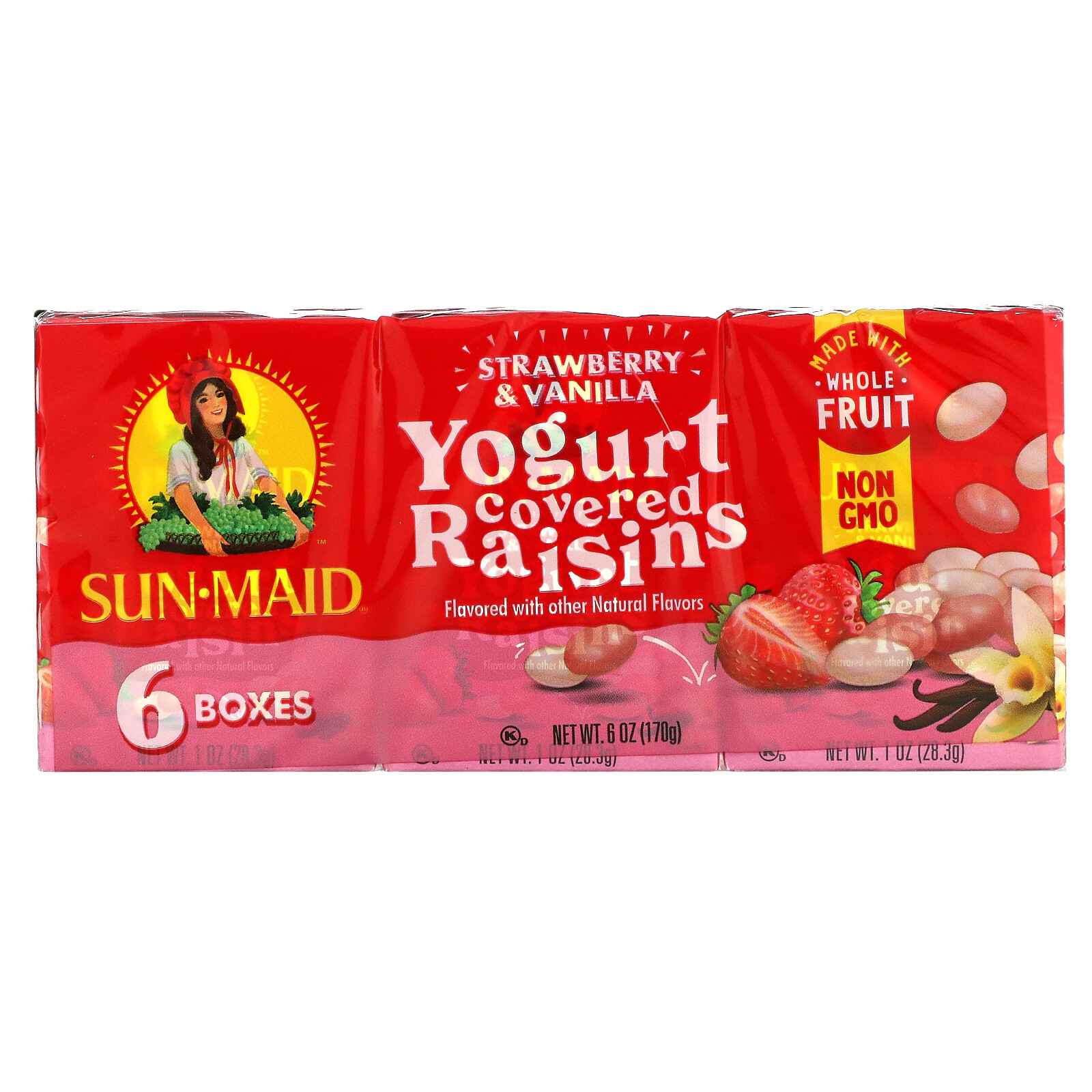 Yogurt Covered Raisins, Strawberry & Vanilla, 6 Boxes, 1 oz (28.3 g) Each