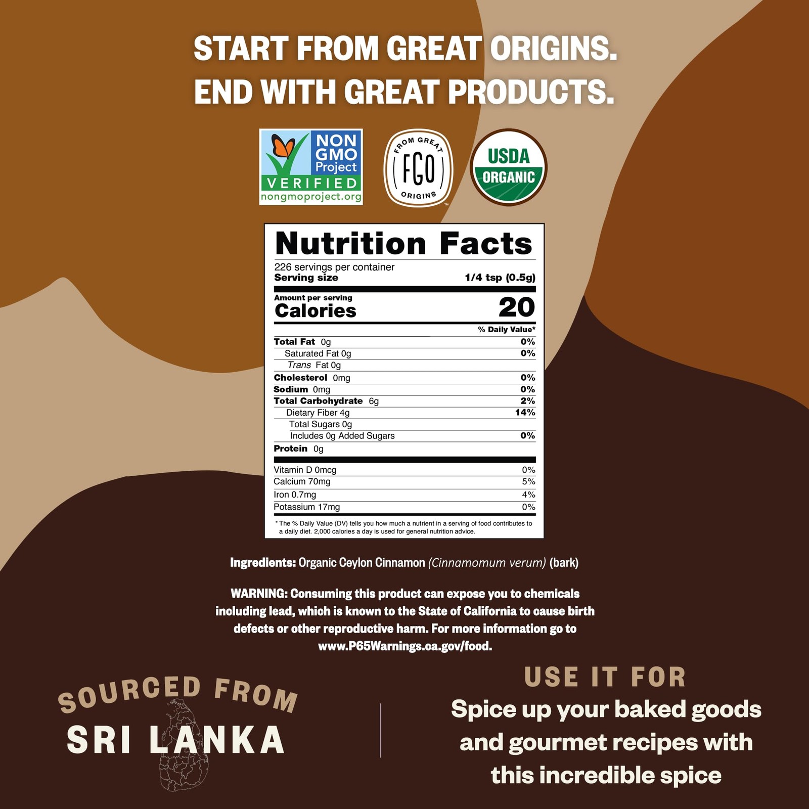 FGO Organic Ceylon Cinnamon Powder, 16oz Pure Sri Lanka Cinnamon for Spice &