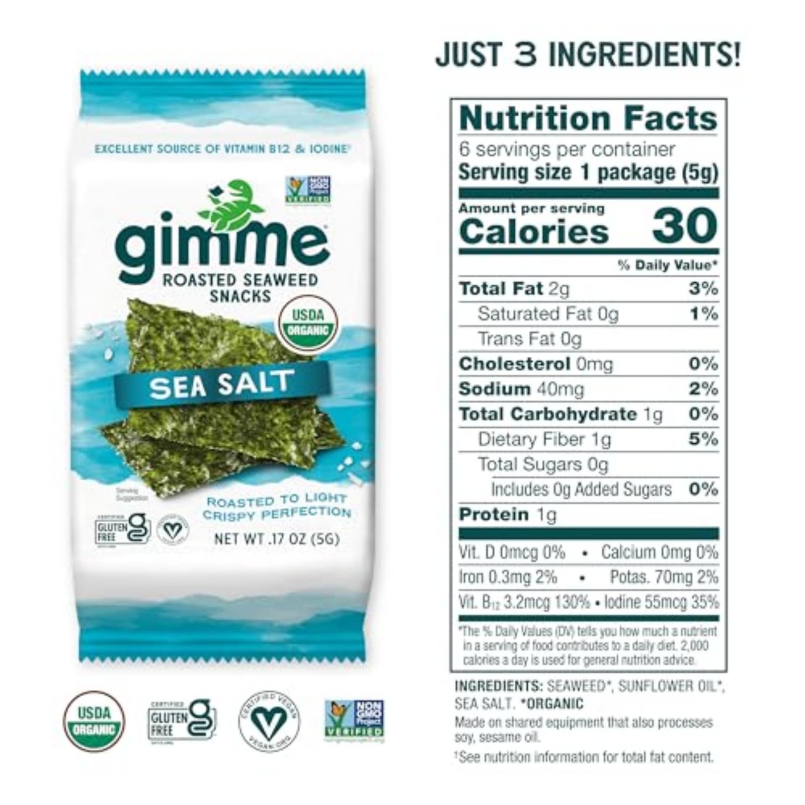 Gimme Seaweed Organic Premium Roasted Snacks, Sea 6 Count (Pack of 1)