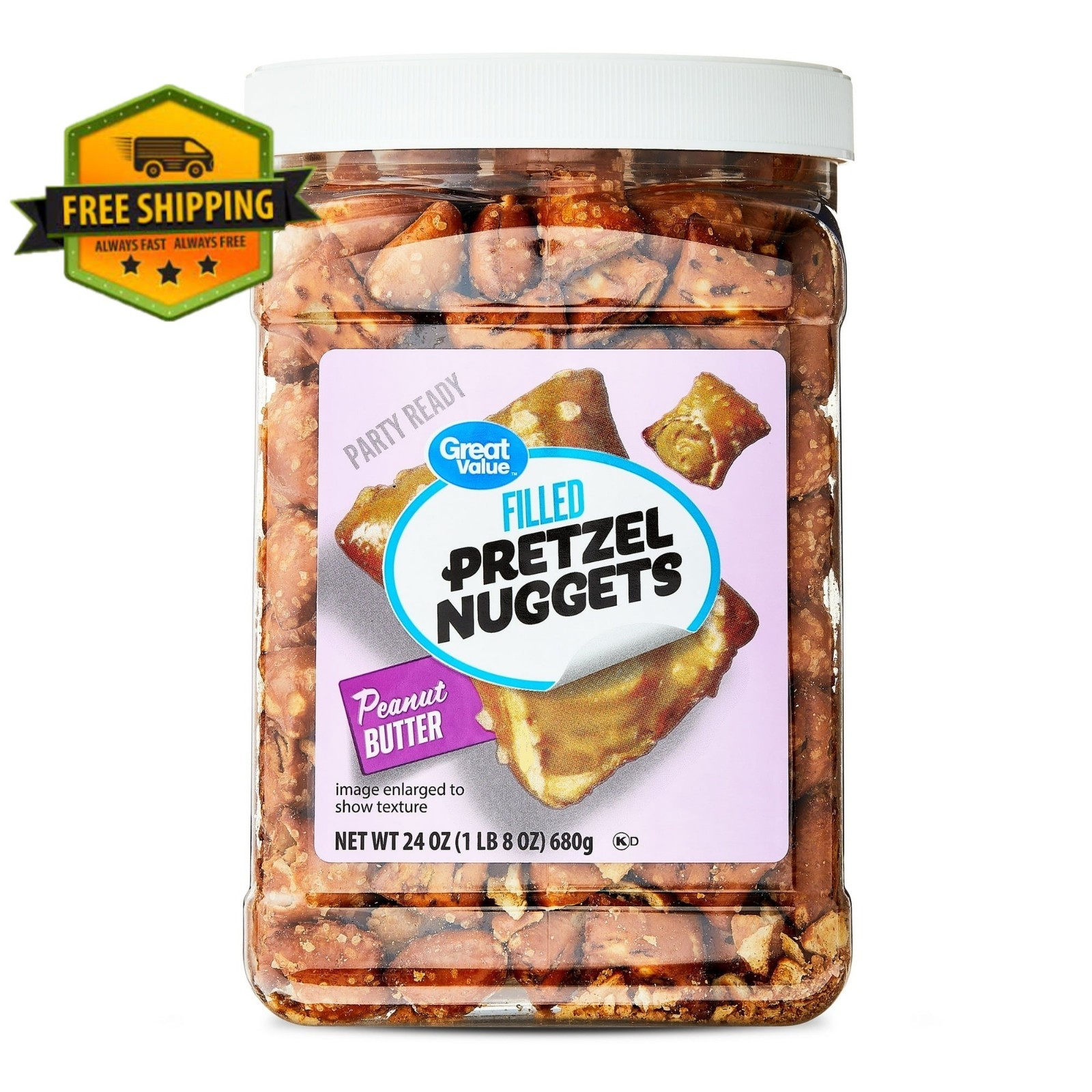 Great Value peanut butter–filled pretzels in a 24 oz resealable container