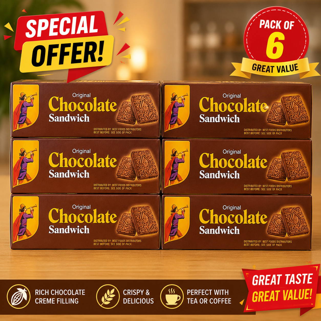 EBM Original Chocolate Sandwich Biscuits Pack of 6 | Chocolate Cream Cookies
