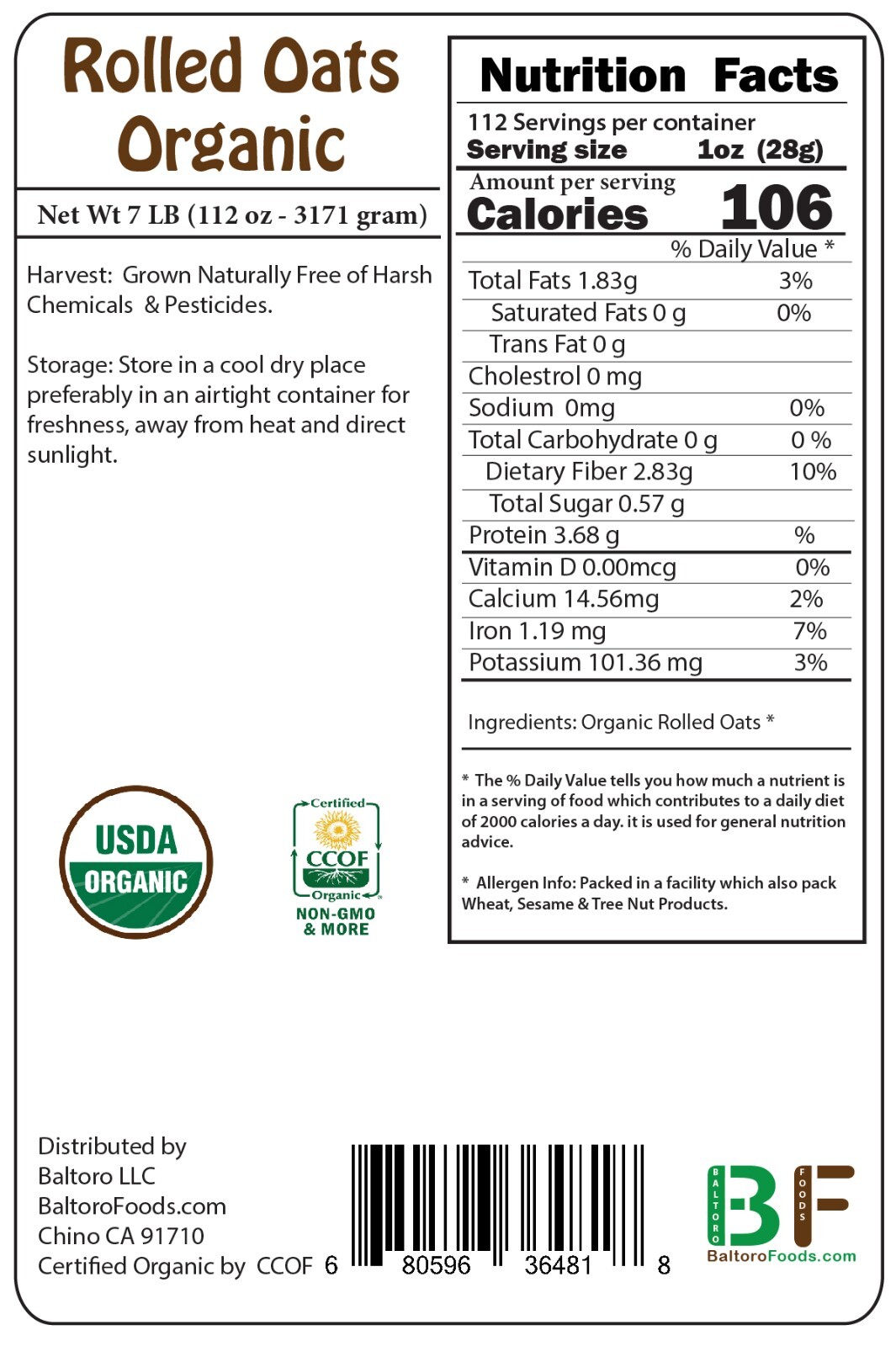 Organic Rolled Oats old fashion gluten free non-GMO, Whole Grain Vegan Bulk