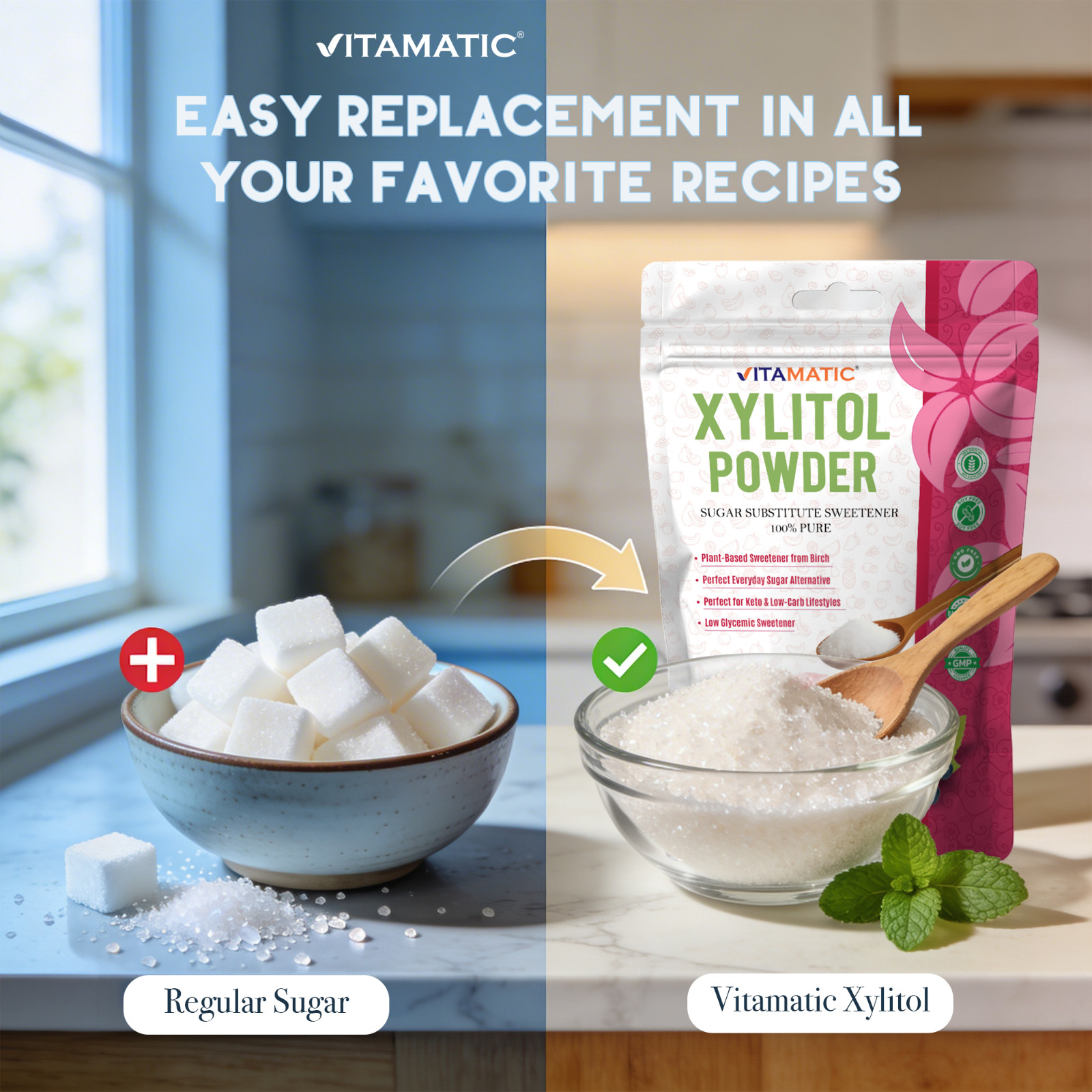 Vitamatic Xylitol Pure Powder 1 KG (2.2 lb) – 100% Pure Birch Derived Sweetener