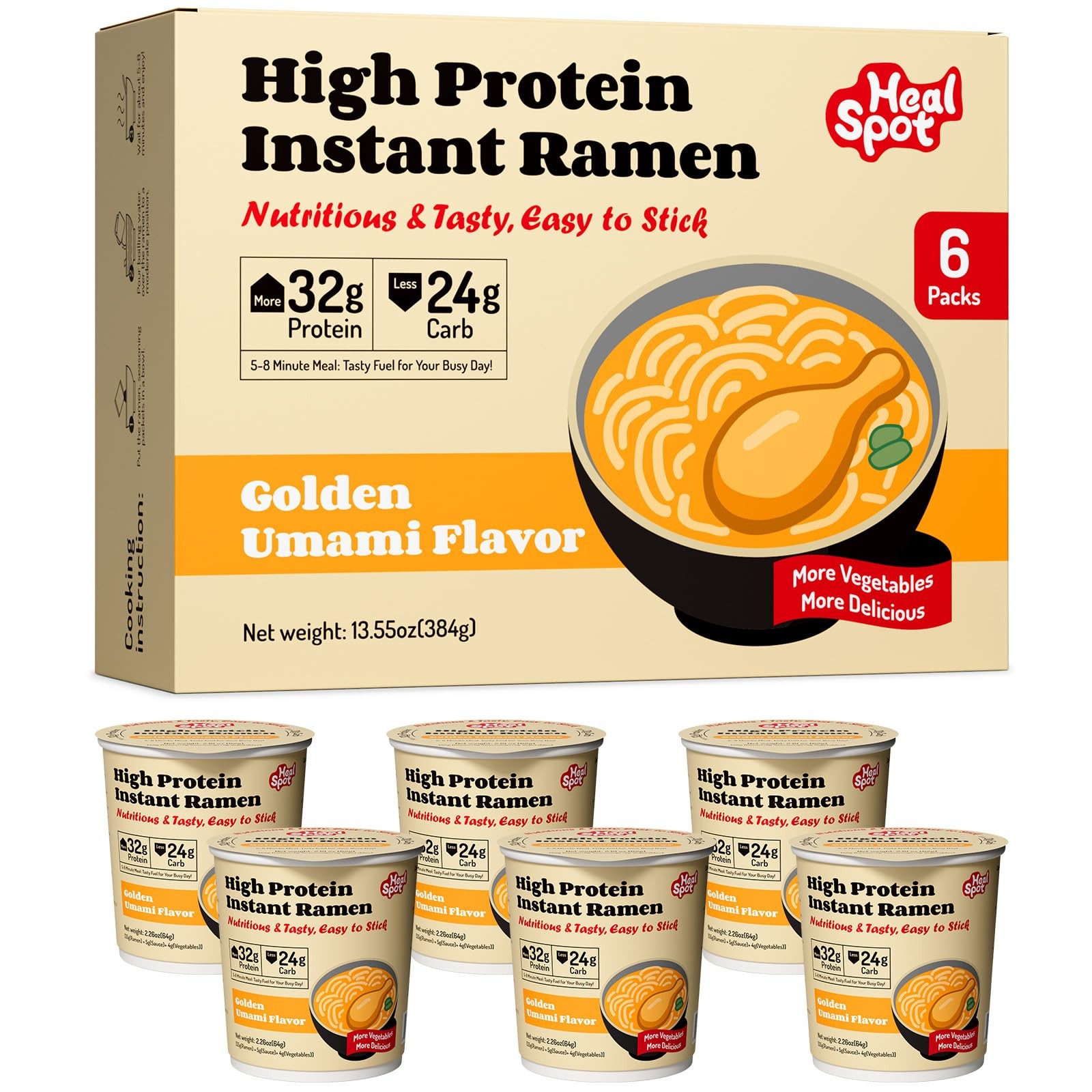 Healspot High Protein Instant Ramen 6 Cups 32g PlantBased Protein, NonFried,…