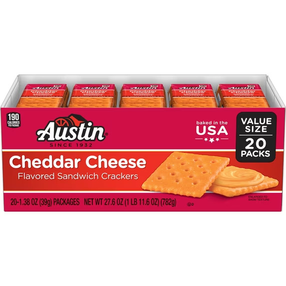Austin Cheddar Cheese on Cheese Sandwich Crackers, Single Serve Snack 20 Count