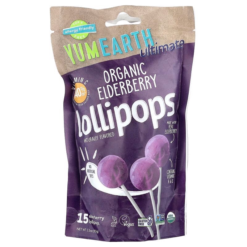 6 Packs YumEarth Ultimate Organic Elderberry Pops, 90 count, Allergy Friendly