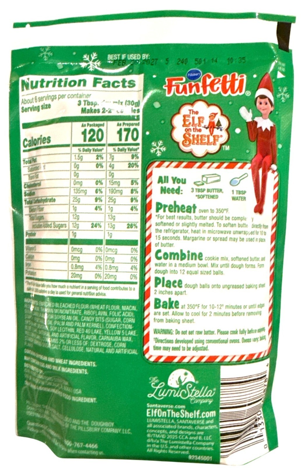 Pillsbury Funfetti Elf On The Shelf Sugar Cookie Mix Bag 6.5oz Holiday/Christmas