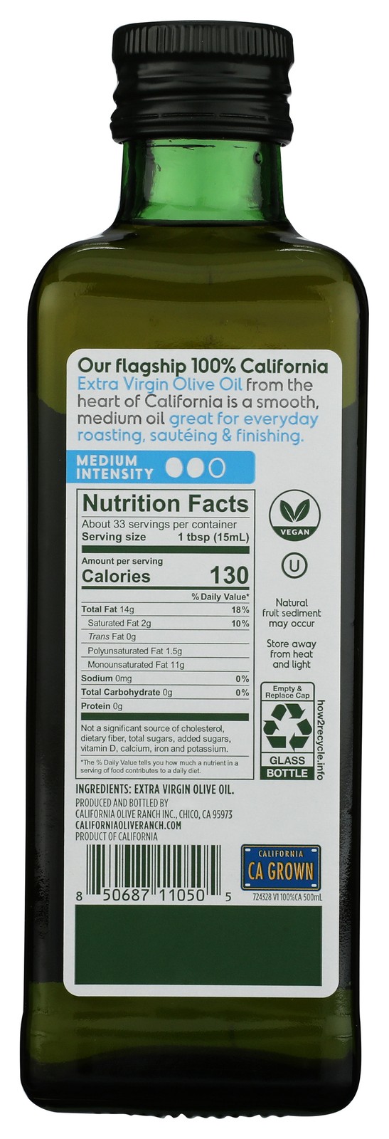 Extra Virgin Olive Oil California Ranch 500Ml Bottle 16.9 Floz 6 Pack