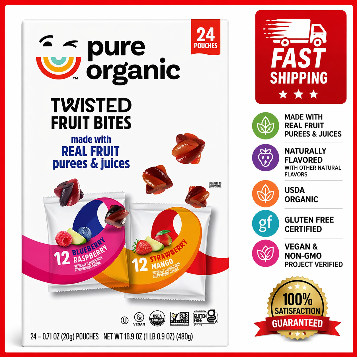Pure Organic Twisted Fruit Bites, 0.7 Ounce (Pack of 24) Gluten free, Vegan