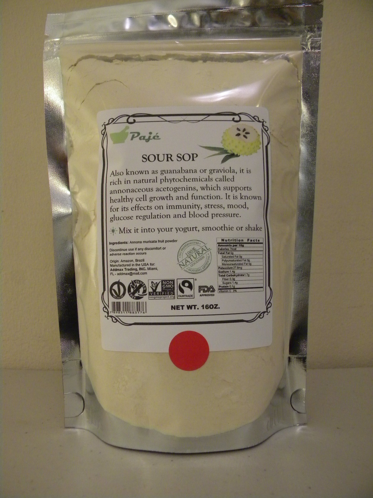 GRAVIOLA FRUIT powder (not leaves) 16oz 1lb Guanabana KOSHER Cell health PAJE