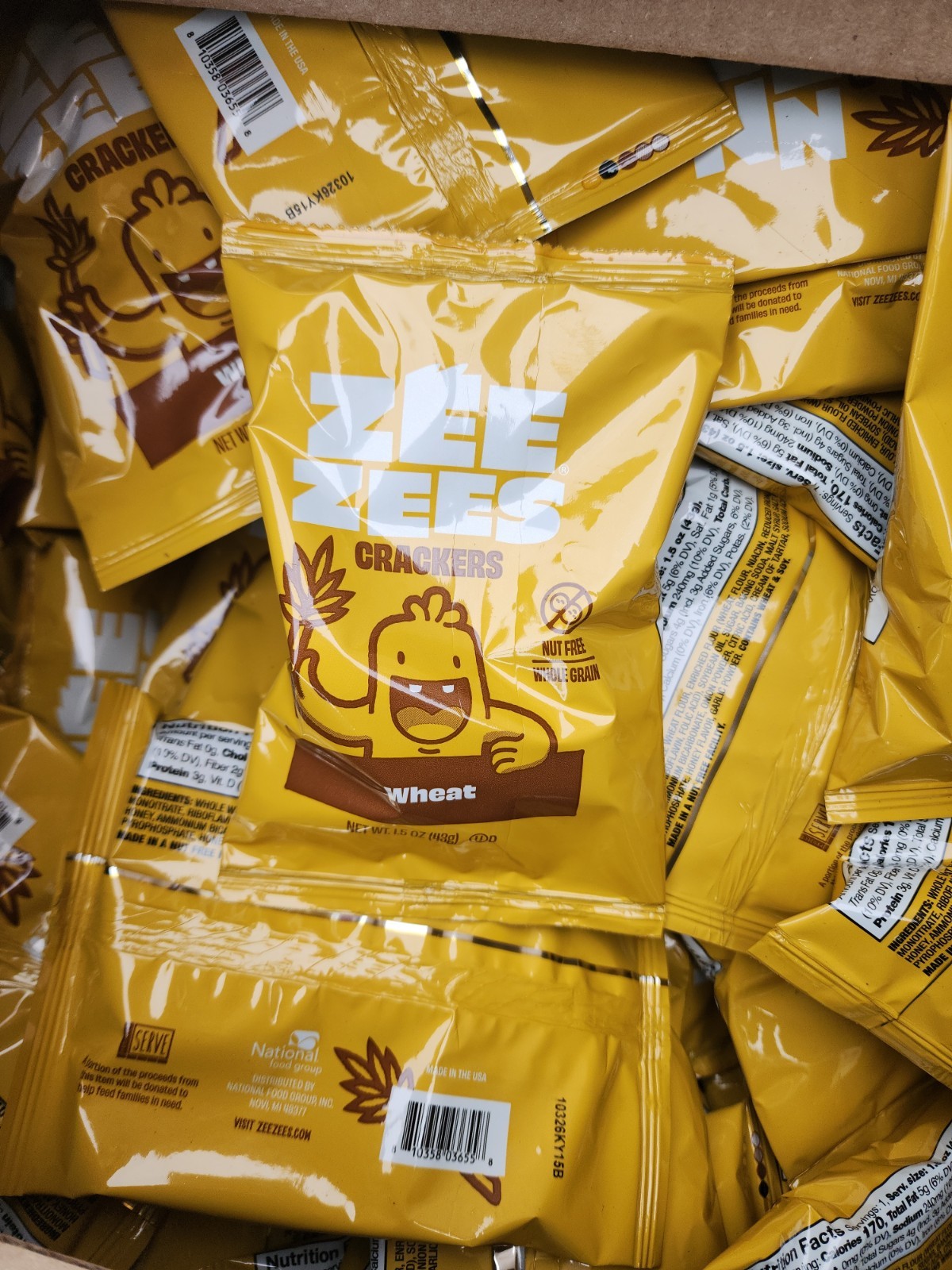 100 Pack Zee Zees Wheat Crackers Whole Grain Nut Free School Snack 1.5 oz Bags