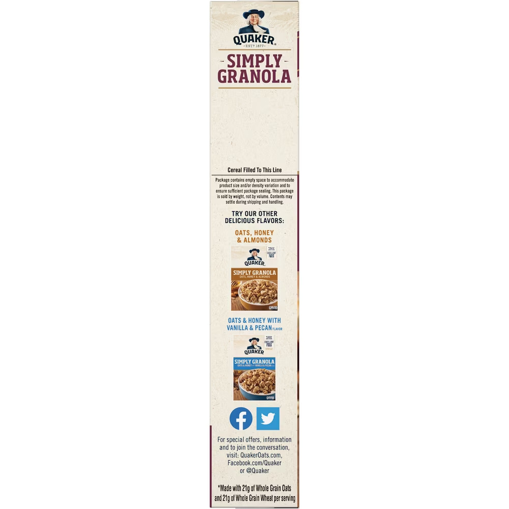 Quaker Simply Granola Breakfast Cereal, Oats Honey Raisins & Almonds, 24.1 oz Bo