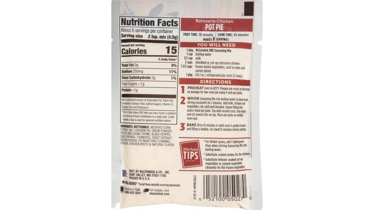 McCormick One Casserole Rotisserie Chicken Pot Pie Seasoning Mix, 1.25 oz