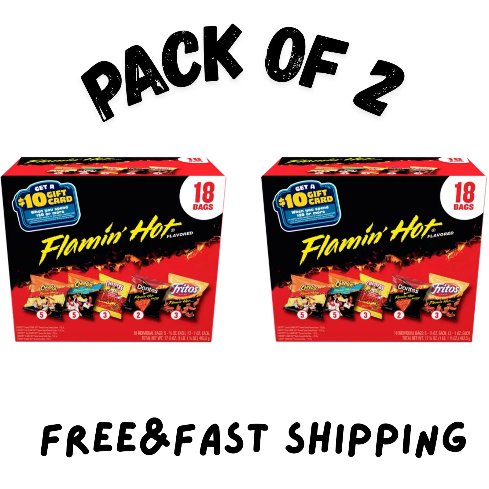 (2 PK) Frito-Lay Flamin’ Hot Mix Variety pack Snack Chips, 18 Count Multipack