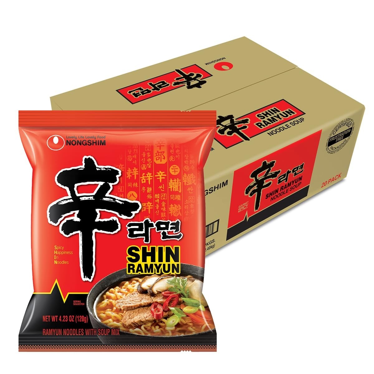 Spicy Shin Ramyun Noodles, Rich Beef Flavored Broth, 20-Pack