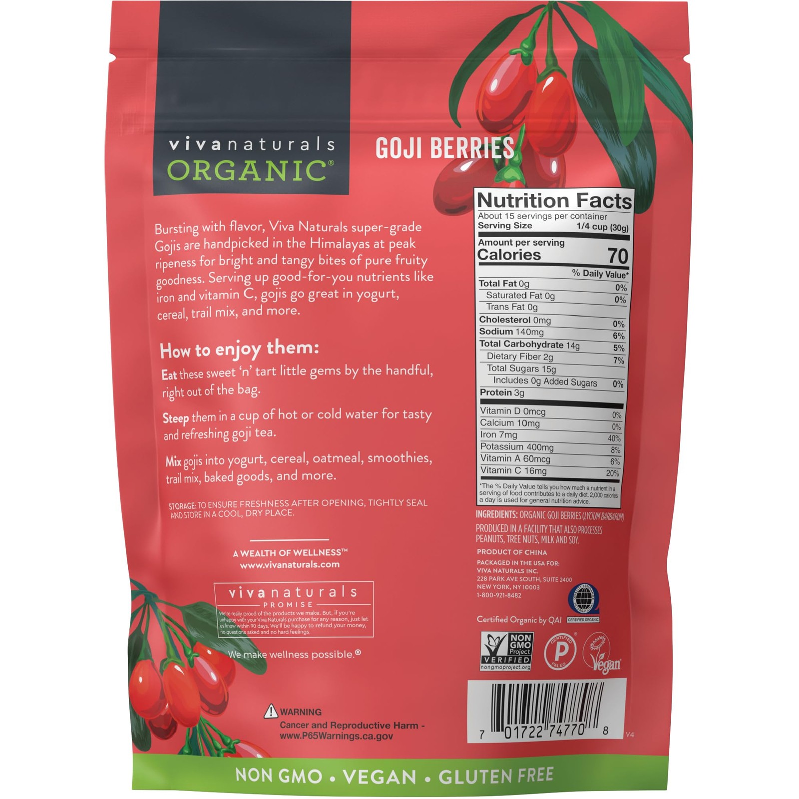 Viva Naturals Organic Dried Goji Berries, 1 lb (454 g) – 1 Pound, No Color