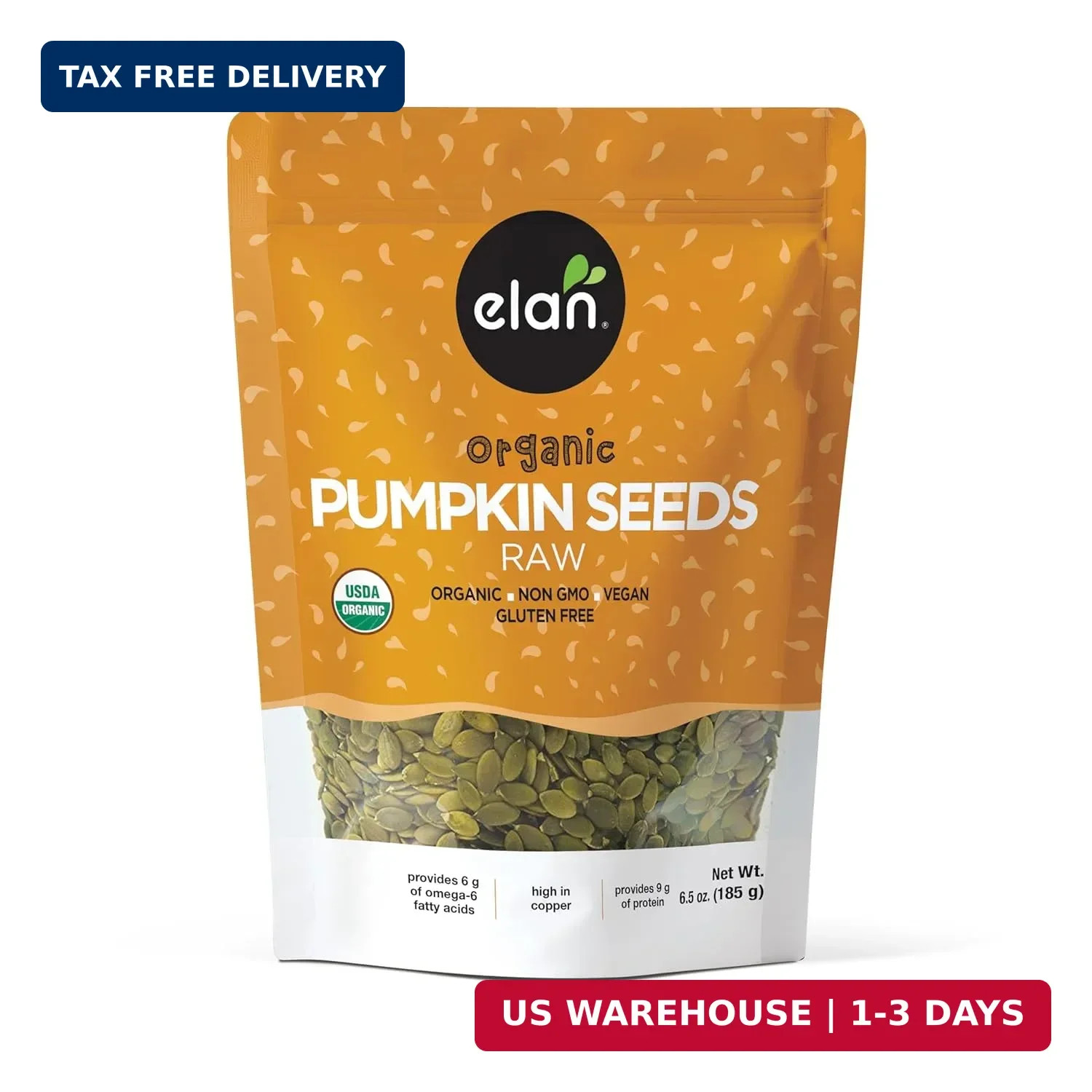 Elan Organic Pumpkin Seeds, 6.5 oz, Unsalted, Unroasted Shelled Kernels, No Shel