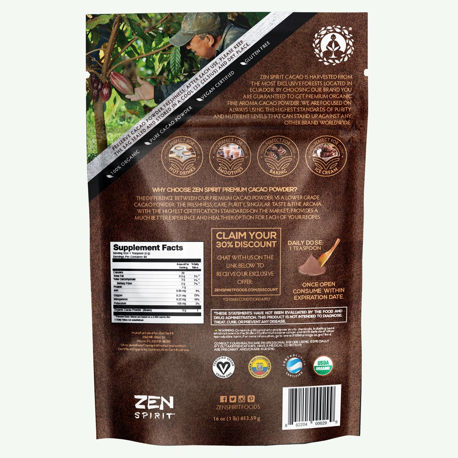 Organic Cacao Powder 1 LB – Unsweetened, Vegan, Keto, Baking & Hot Chocolate