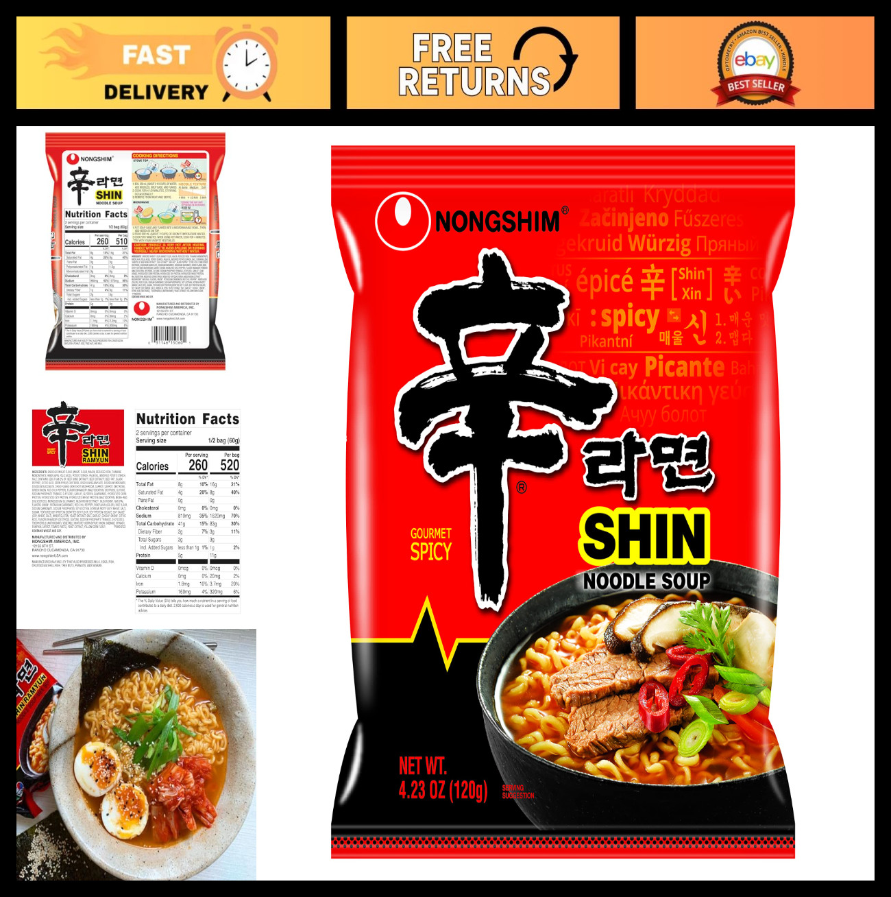 Gourmet Instant Ramen Noodles, Spicy Shin Flavor, Microwavable Soup, Family Pack