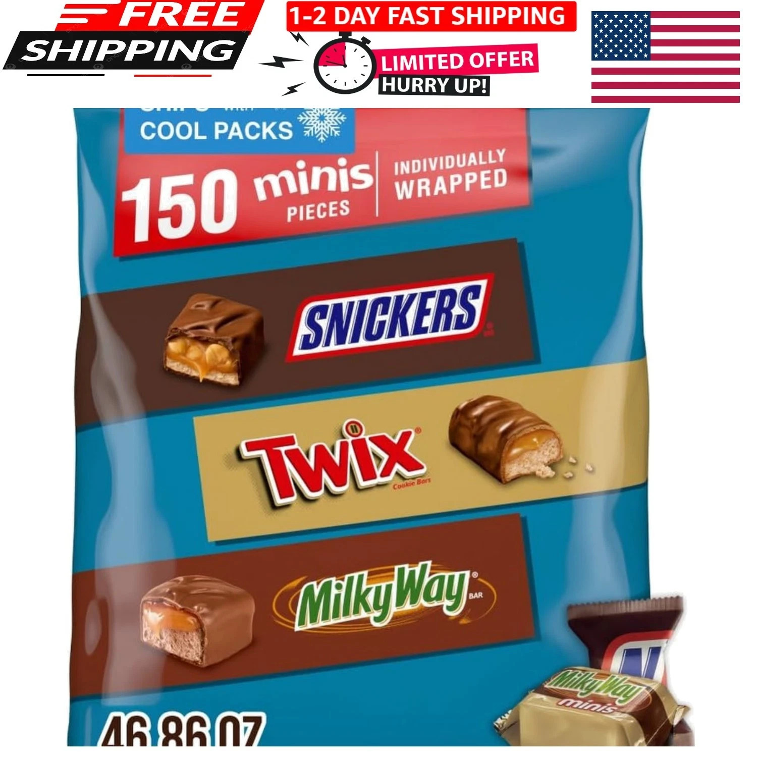 SNICKERS, TWIX, & MILKY WAY Minis Chocolate Candy Bars Variety Pack, 150 Ct B…