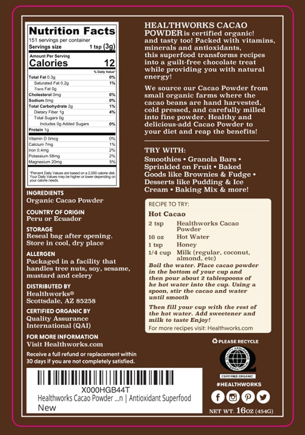 Healthworks Superfoods Organic Cacao Powder – 16 Oz / 1 Lb – Cocoa Chocolate Sub