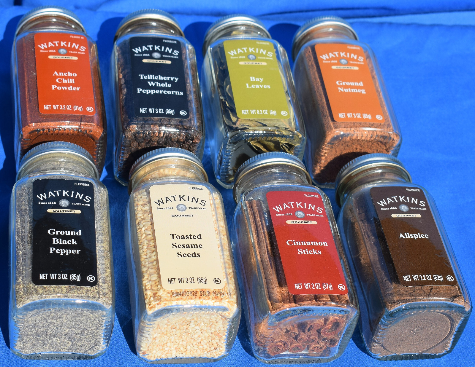 Square Glass Bottles Watkins Spices, Pepper, Cinnamon, Seasame, Nut-Sealed NOS