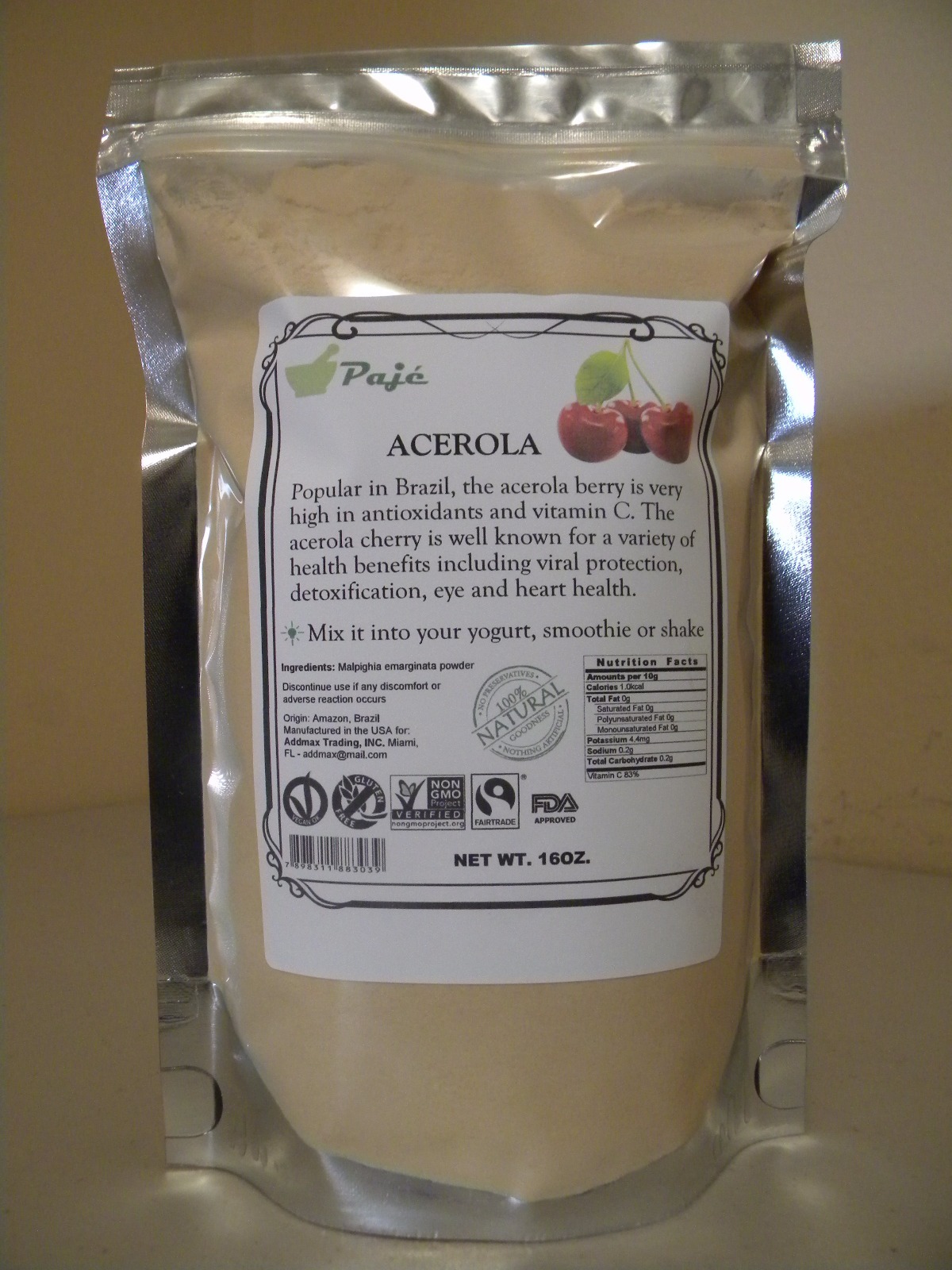 ACEROLA berry powder PAJE 16oz 1lb Vita C, antiox, better skin, immune system +