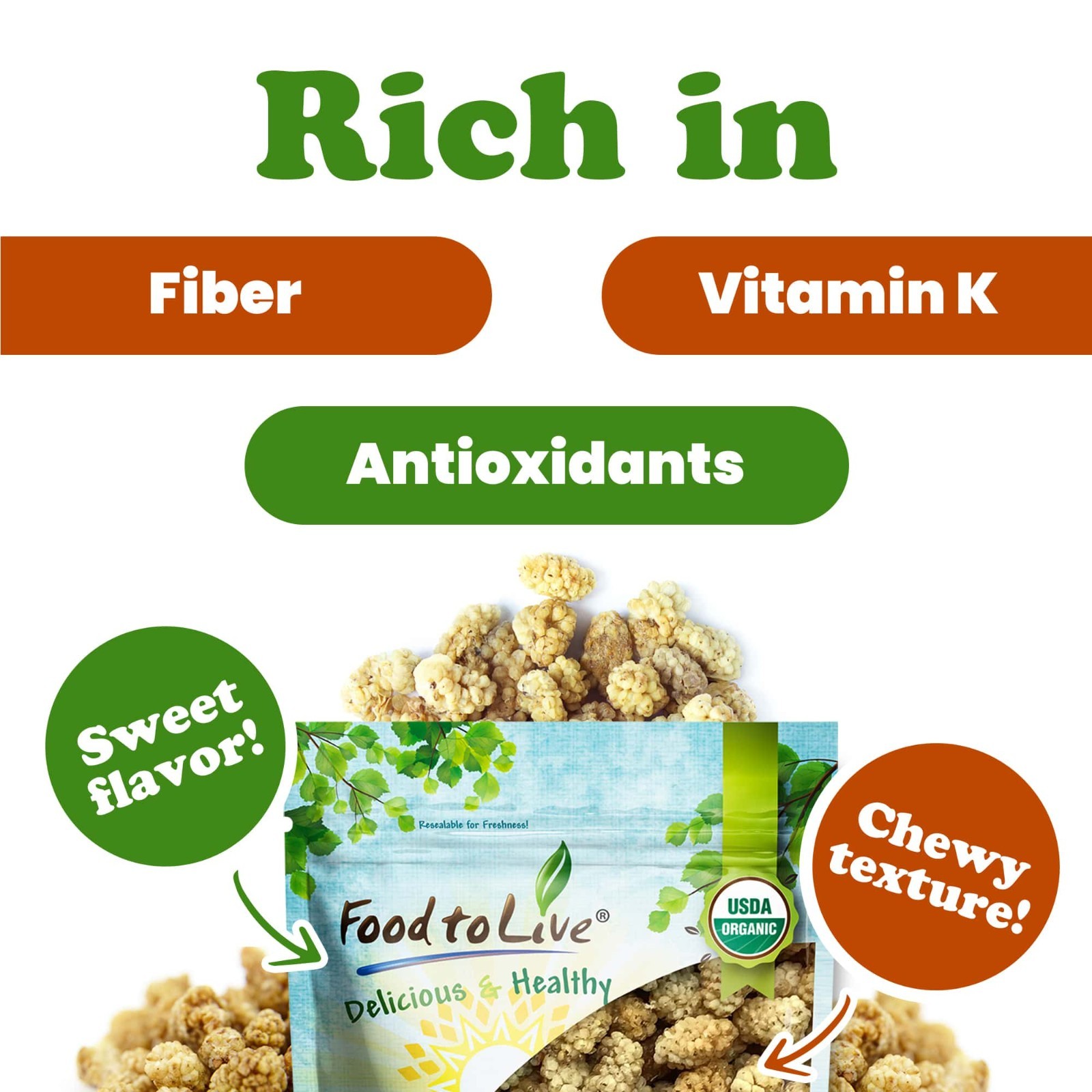 Organic White Mulberries – Non-GMO, Raw, Vegan – by Food To Live