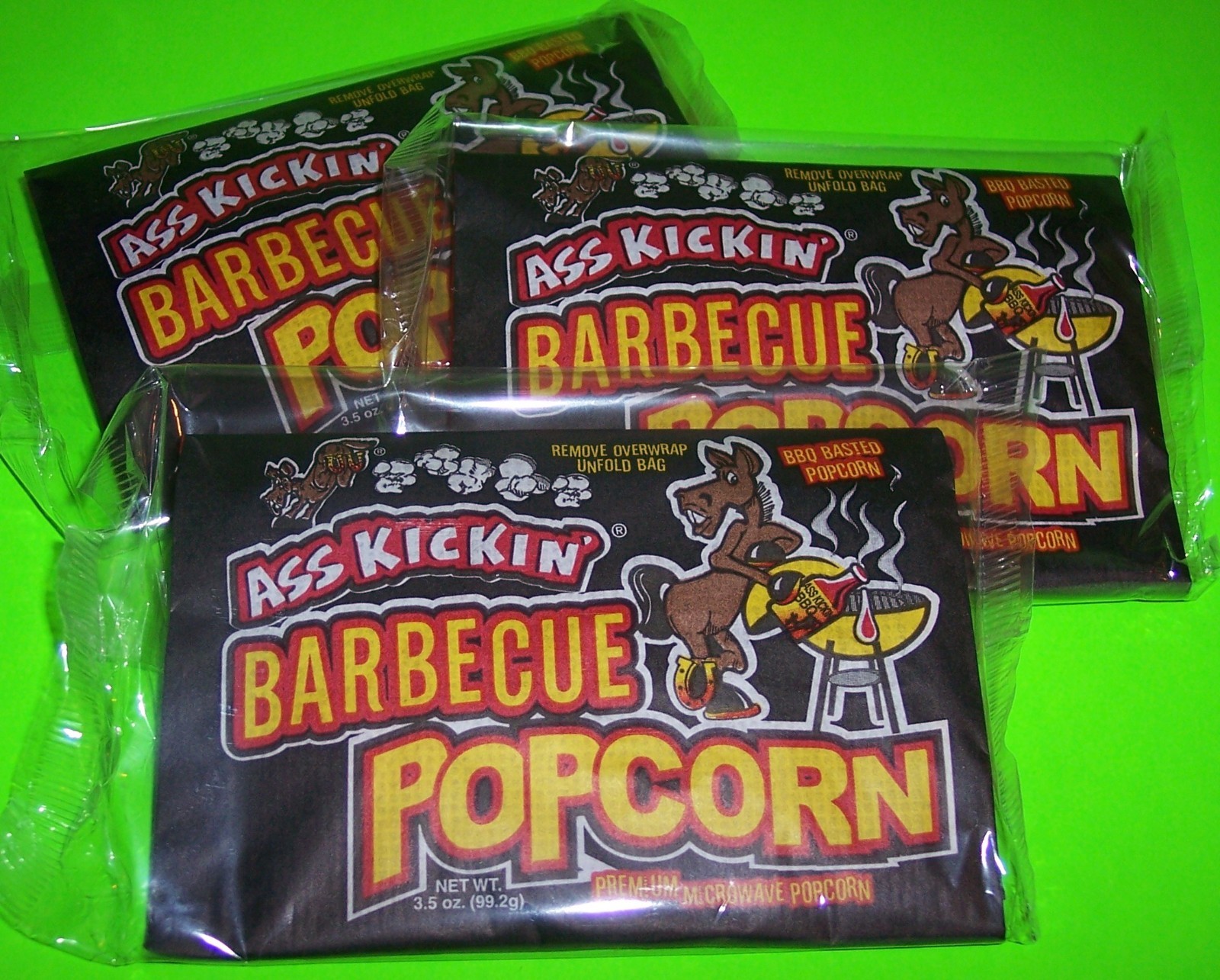 ASS KICKIN’ BARBECUE POPCORN , BBQ – 3 X 3.5 OZ. BAGS – GREAT SWEET BBQ FLAVOR