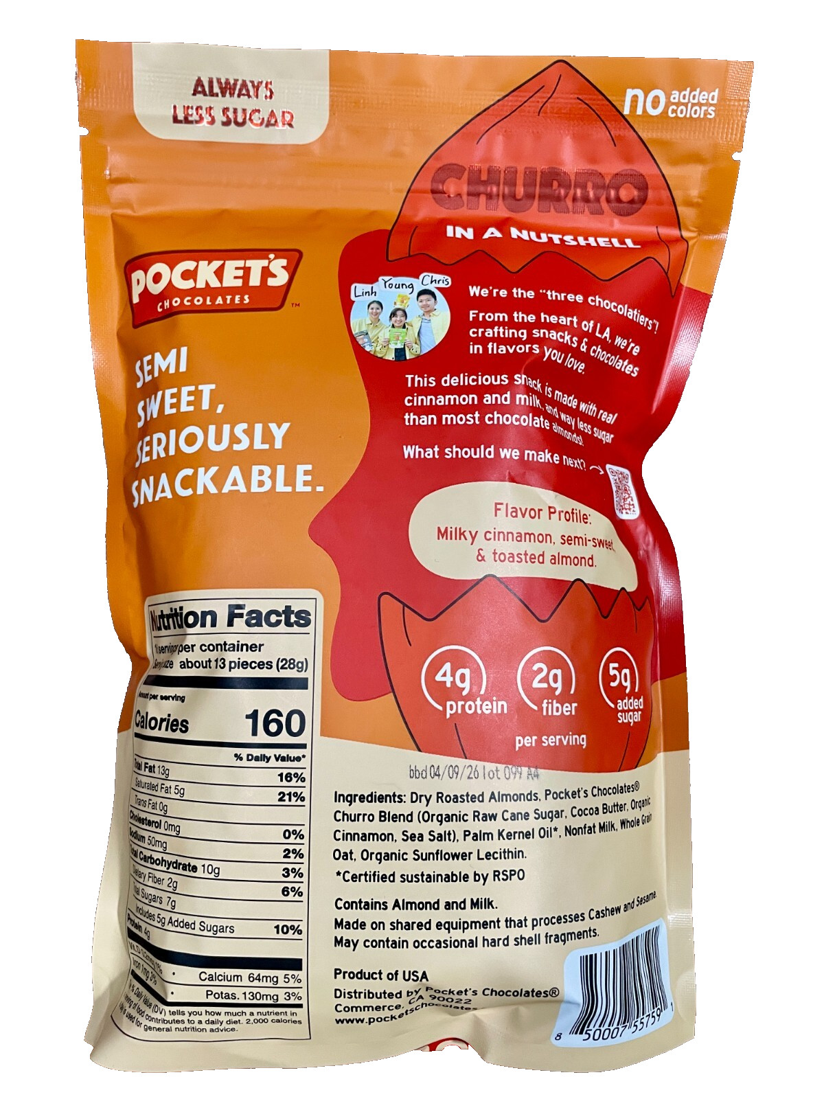 2-PACK Pocket Chocolate Churro Coated Crunchy Roasted Almonds 16 Oz. each bag