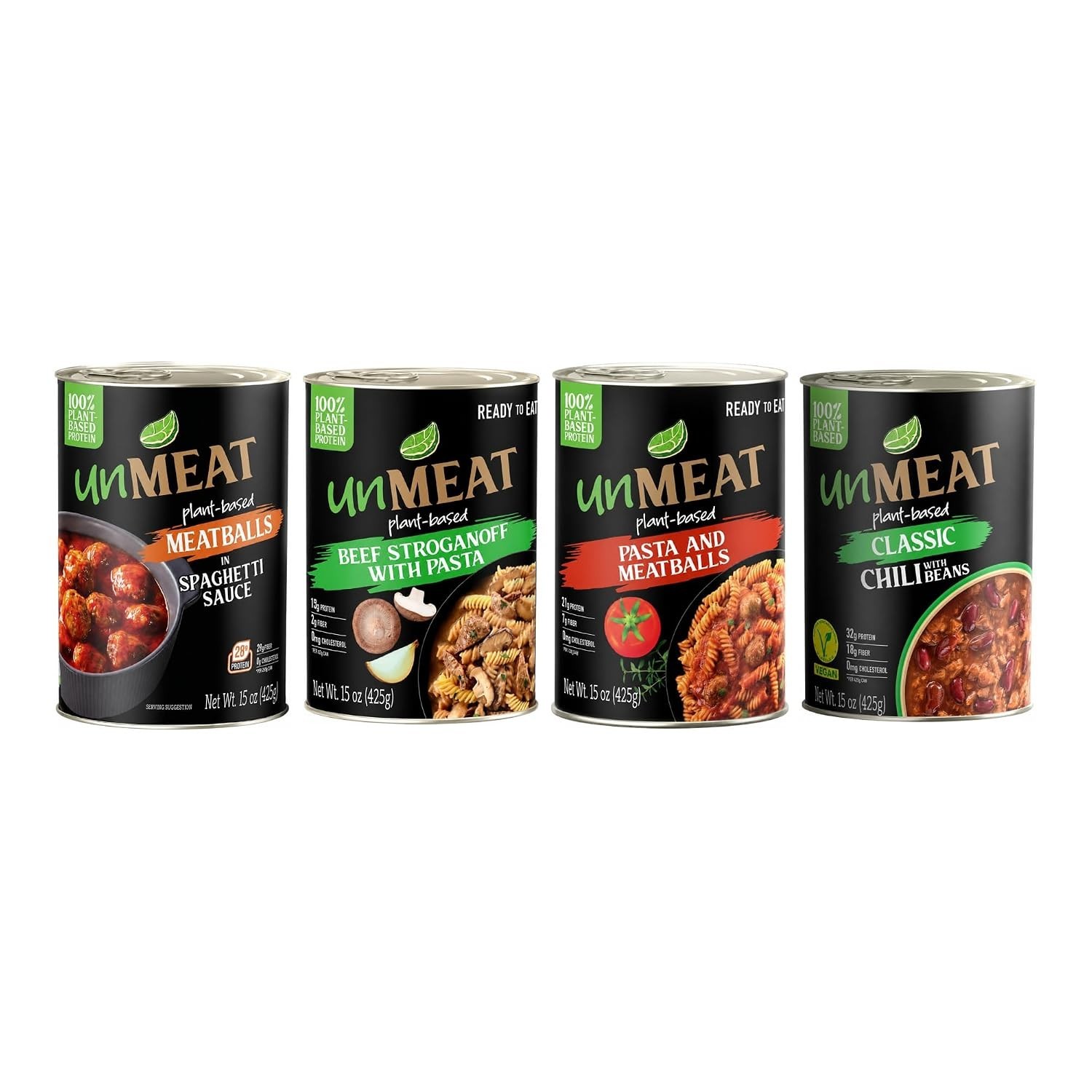 unMEAT Meal Sample Pack – Vegan Canned Meals – 4 Flavors – 4 Cans – 15 oz Each