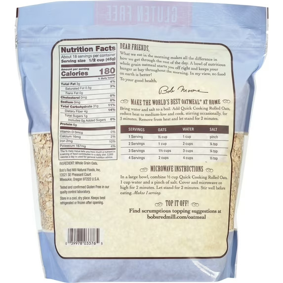 Bob’s Red Mill Whole Grain Gluten Free Quick Cooking Rolled Oats -28 oz