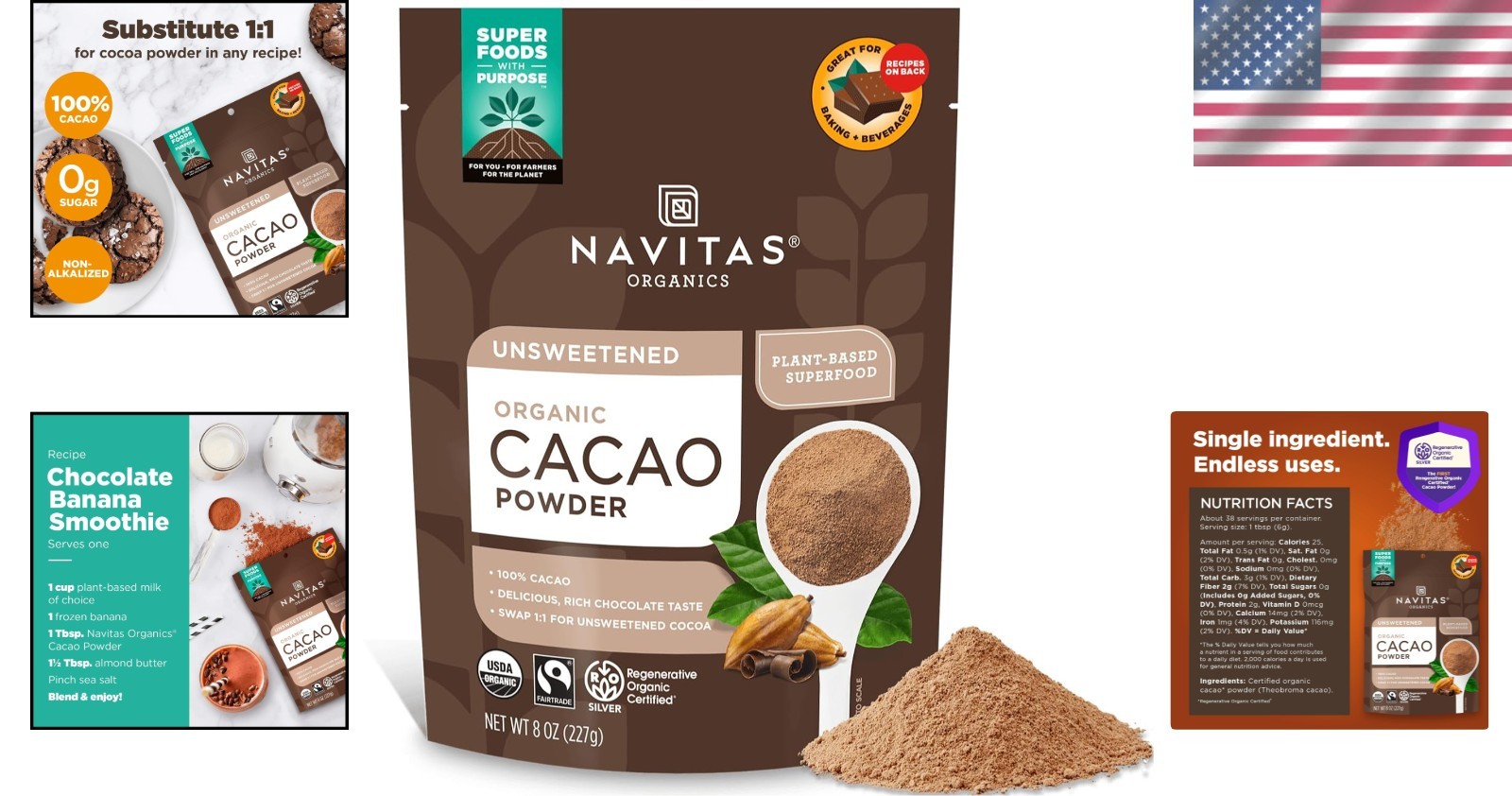 Navitas Organic Cacao Powder 8oz – Rich Dark Chocolate, Gluten-Free & Fairtrade