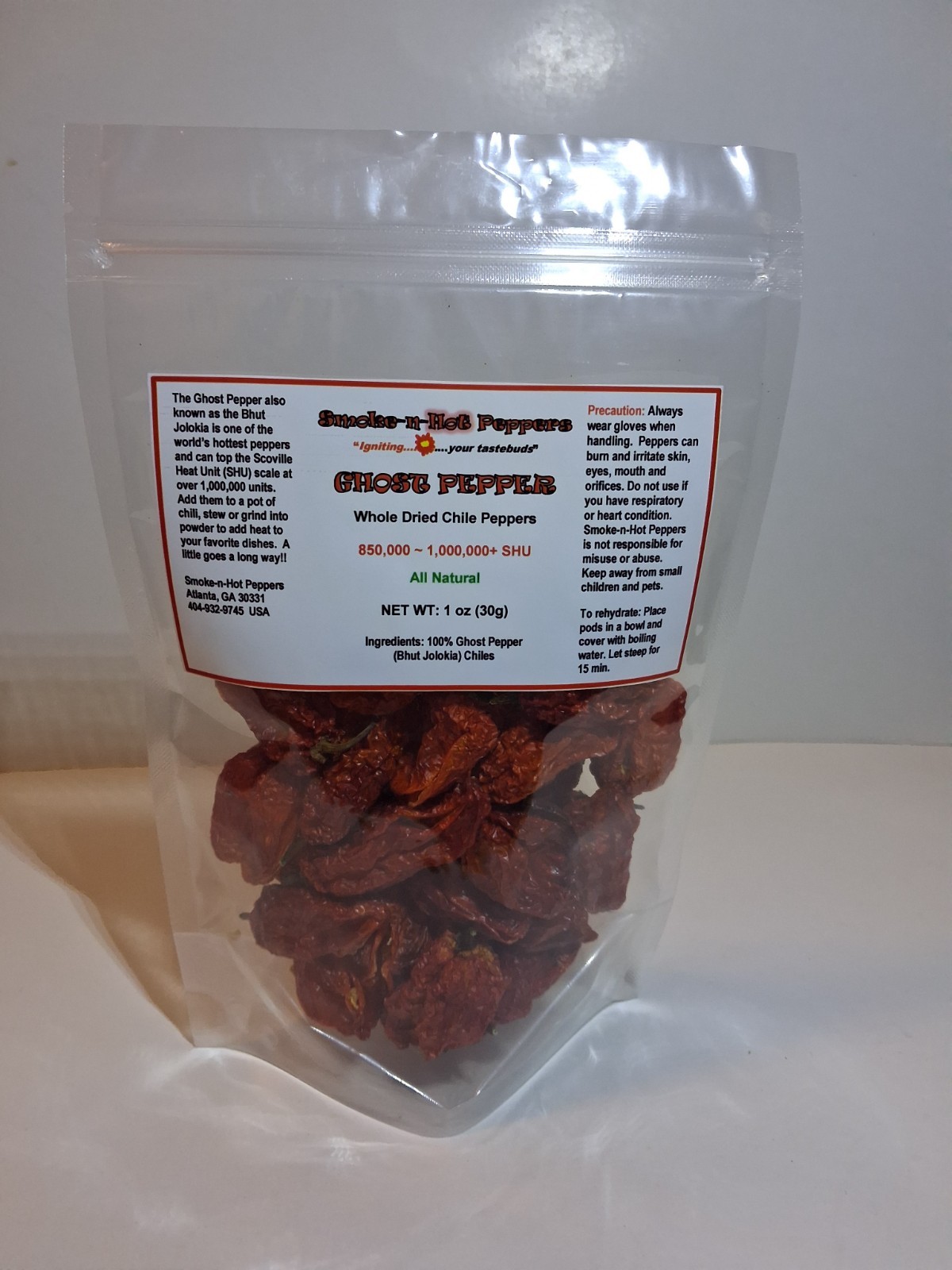 1 oz. DRIED WHOLE GHOST PEPPER (BHUT JOLOKIA) CHILI PODS..USA GROWN!