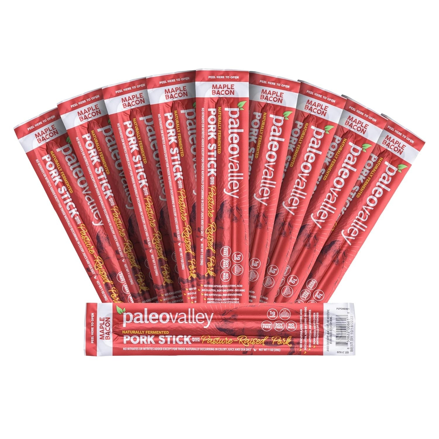 Paleovalley Pasture-Raised Pork Sticks – Maple Bacon Flavor Meat 28g – 10 Stick