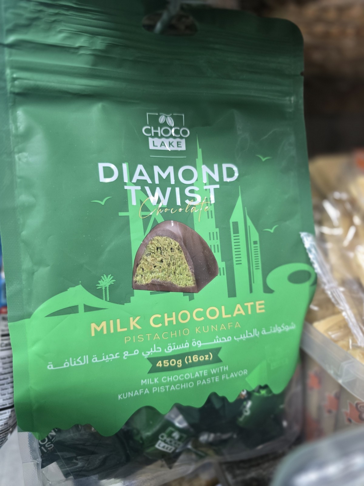 Dubai chocolate ,Choco Lake Diamond Twist Milk Chocolate Pistachio Kunafa 450g