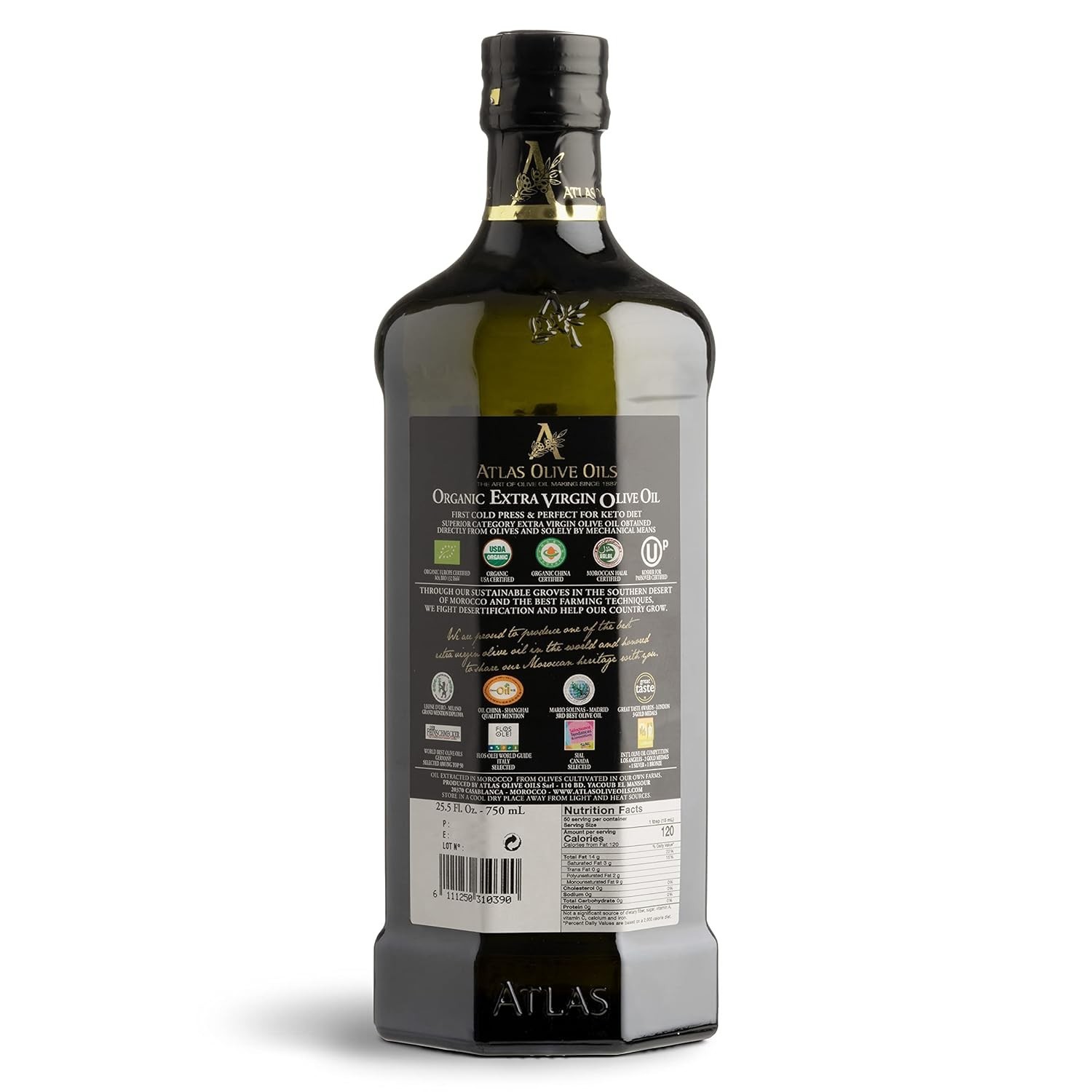 Atlas Organic Cold Pressed Moroccan Extra Virgin Olive Oil, From Morocco, 3 Size