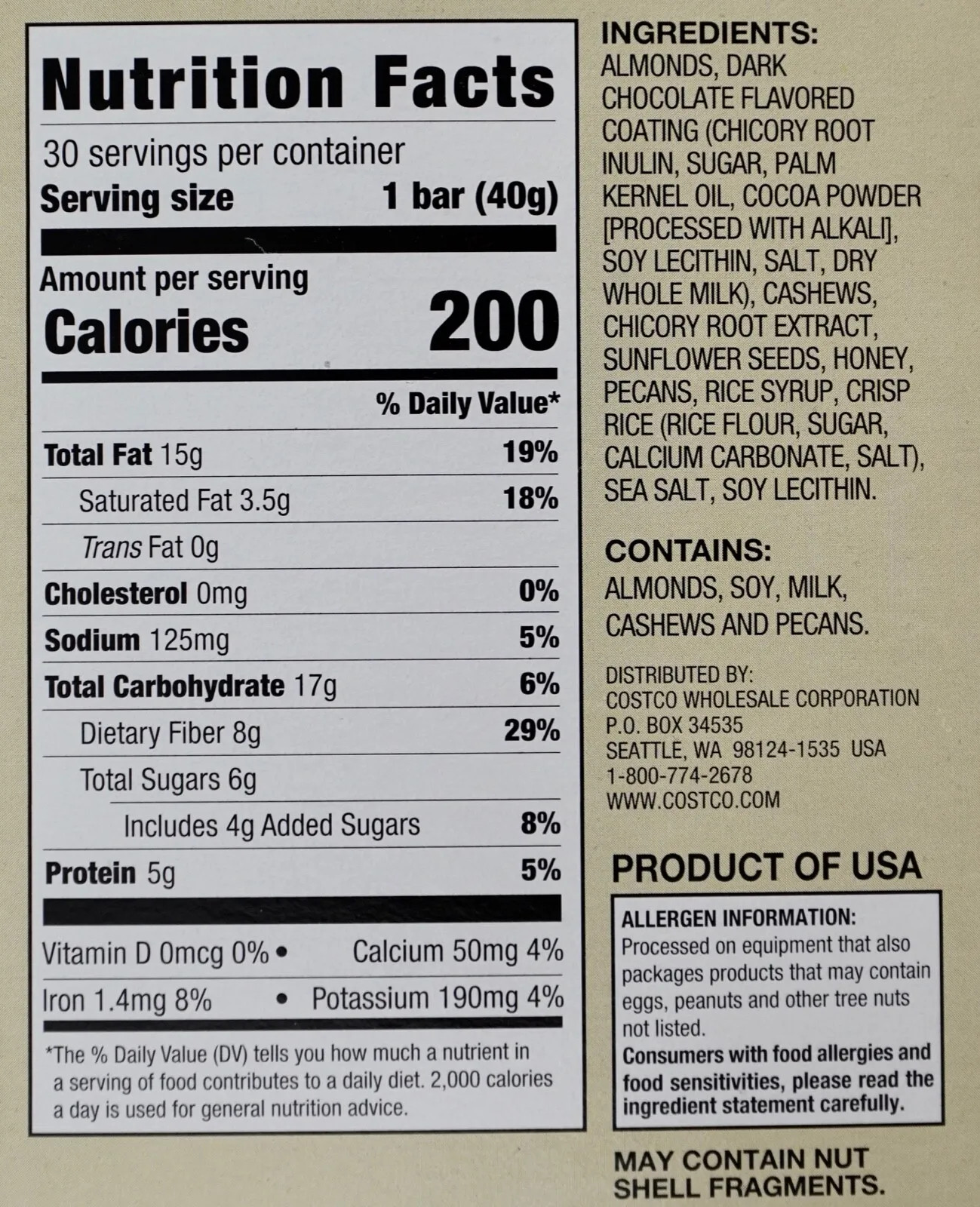 Kirkland Nut Bars Almonds Cashews Pecans Cocoa Drizzle Sea Salt, Qty 9 / 15 / 30