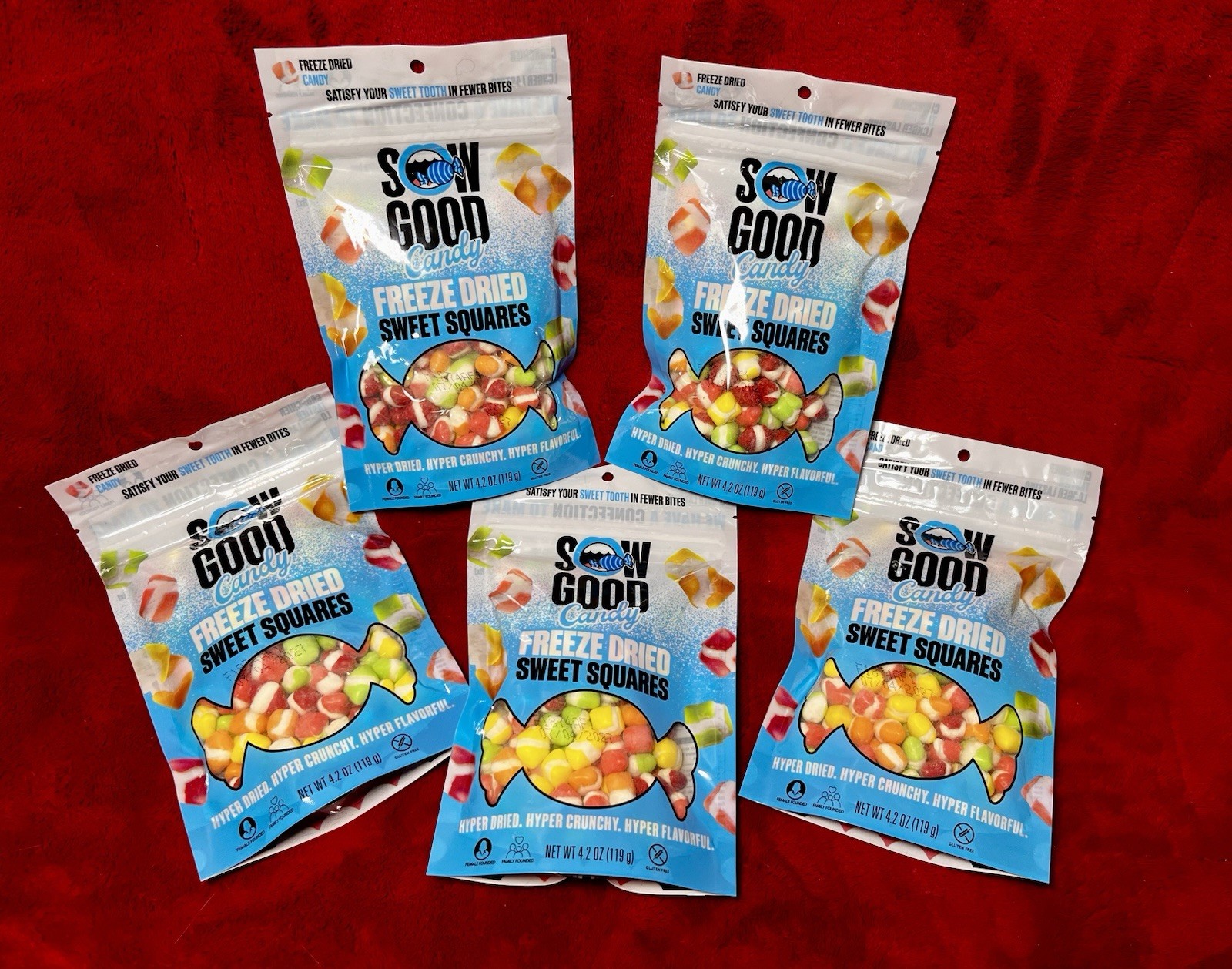 Sow Good Candy Sweet Squares Freeze Dried Made in USA Texas 2027 Lot of 5 Bags!