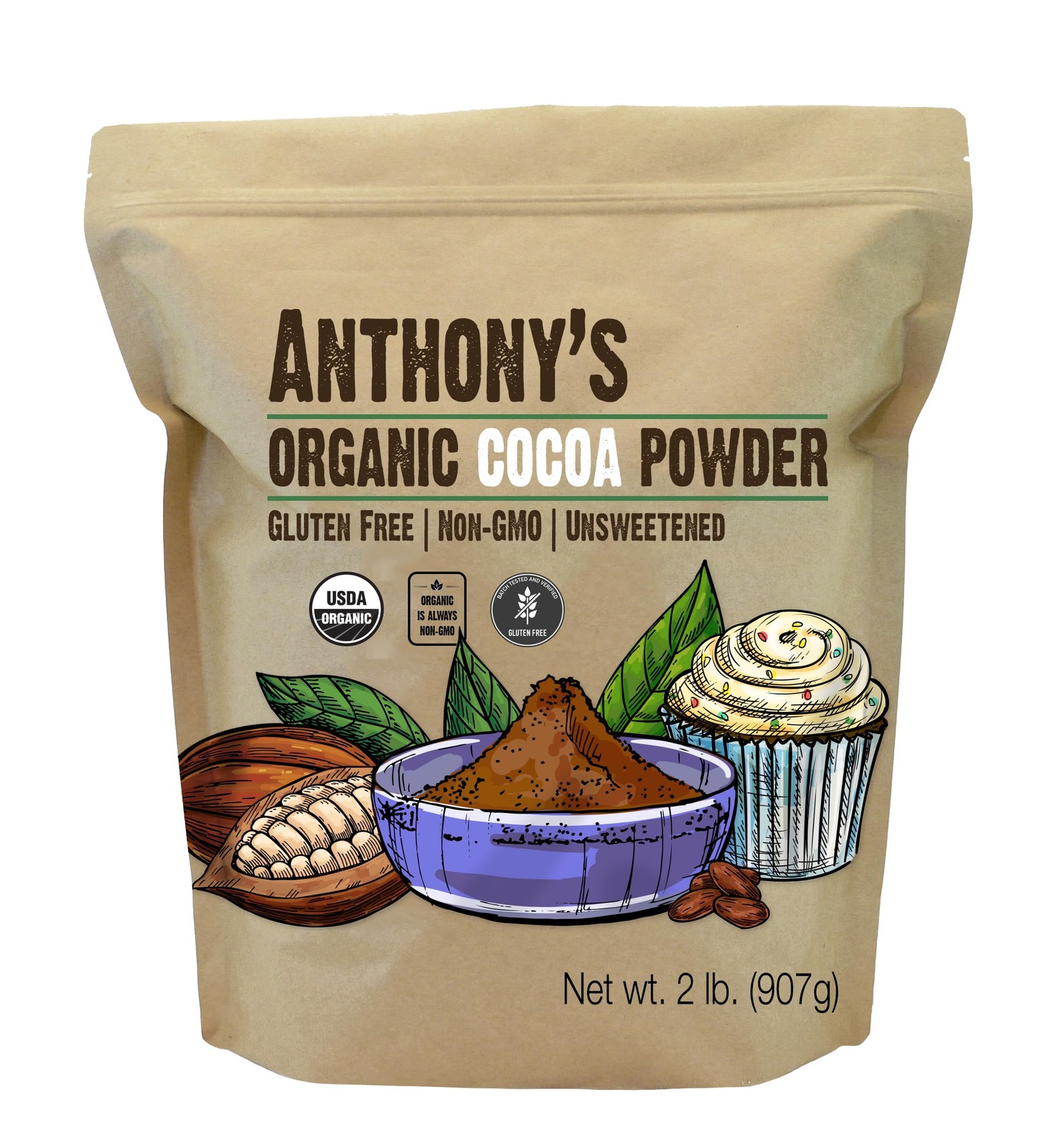 Anthony’s Organic Cocoa Powder, 2 lb, Gluten 2 Pound (Pack of 1), Rich brown